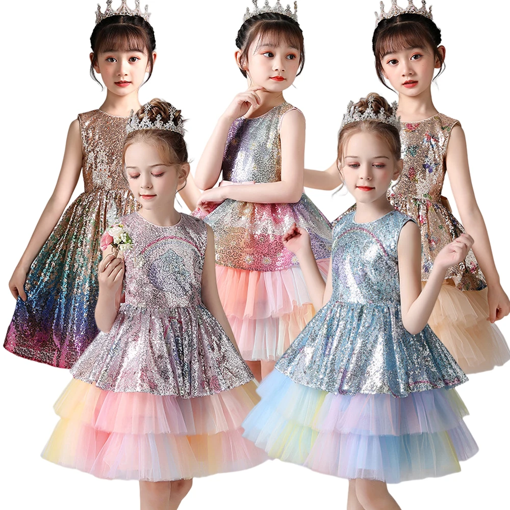 

Sequined Multi-color Rainbow Unicorn Mini Birthday Dress Carnival Pageant Evening Party Princess Tutu Gown for 3-12Y Girls