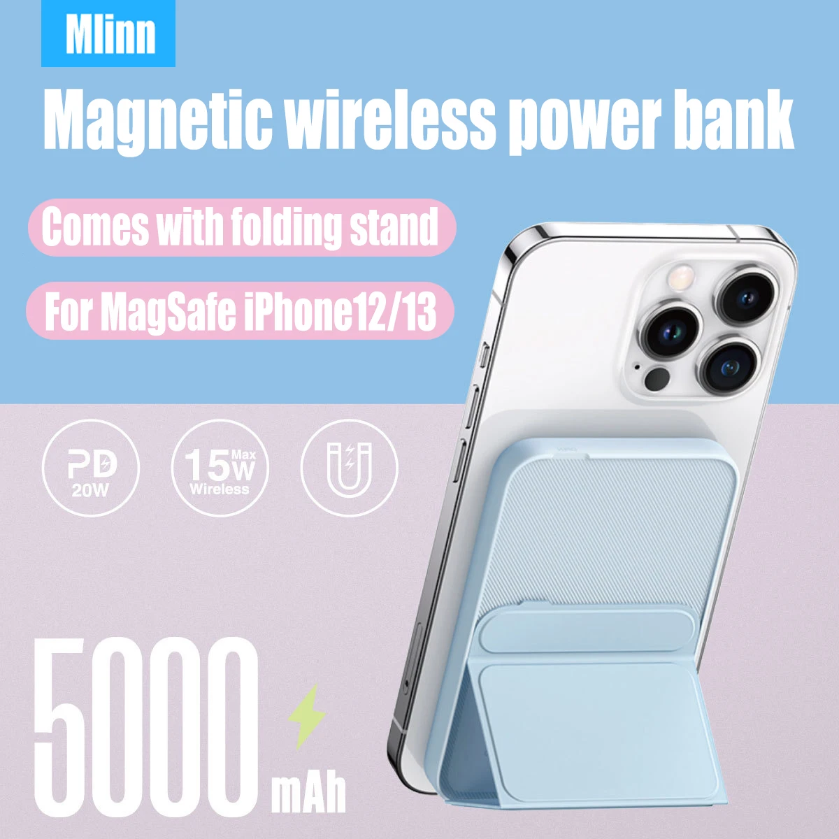 MagSafe портативное зарядное устройство 5000 мАч с держателем, магнитное беспроводное портативное зарядное устройство, портативный аккумулятор...
