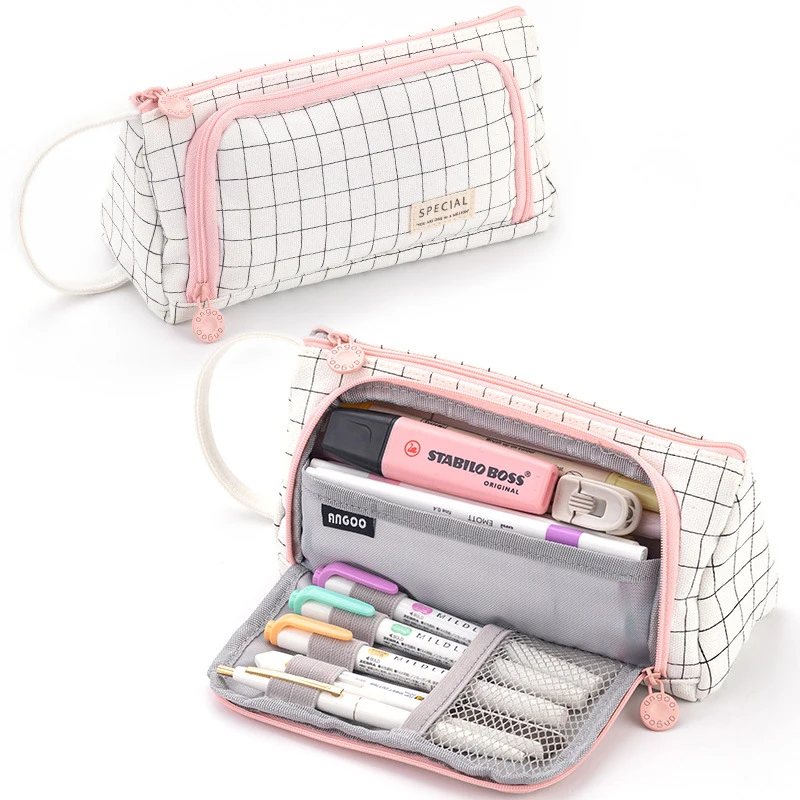 

Aesthetic Child Stationary Pen Pencil Storage Bag Pen Bag Multi Layer Cosmetic Travel Storage Bag Simple Plaid Pencil Case