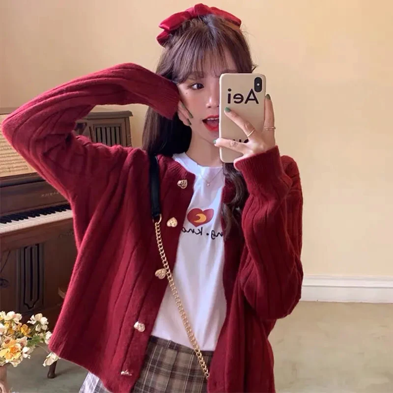 

Sweet Knitted Cardigan Women Heart Buttons Sweaters Coat Korean Cropped Slim Knitwear Solid Kawaii Casual Jumpers Outwear Tops