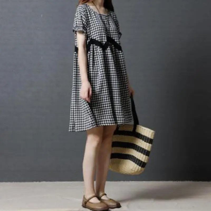 

Женское Короткое платье в клетку, повседневное свободное тонкое платье из хлопка и льна с круглым вырезом, лето 2022