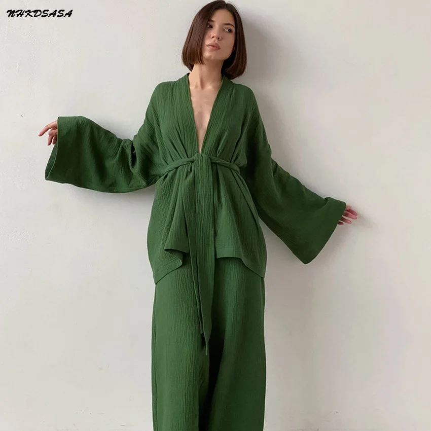

NHKDSASA Kimono Pajamas 2021 New 100% Cotton Crepe Long-Sleeved Trousers Ladies Sleepwear Suit Women's Home Service Mujer