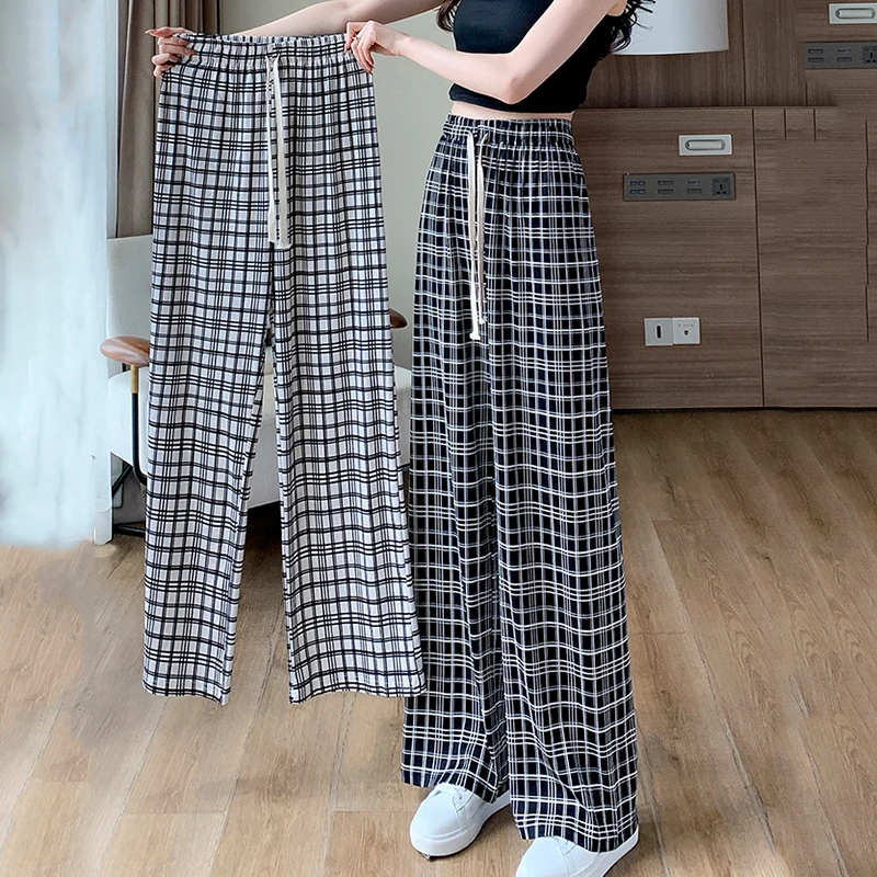 

Брюки Lucyever женские в черно-белую клетку, свободные прямые штаны с завышенной талией, повседневные брюки с широкими штанинами, лето 2022
