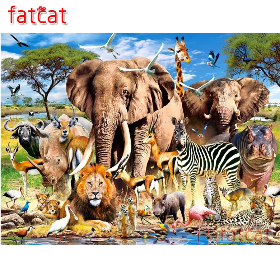 

FATCAT elephant lion diy full square round drill diamond embroidery animal mosaic painting cross stitch handcraft arts AE3488