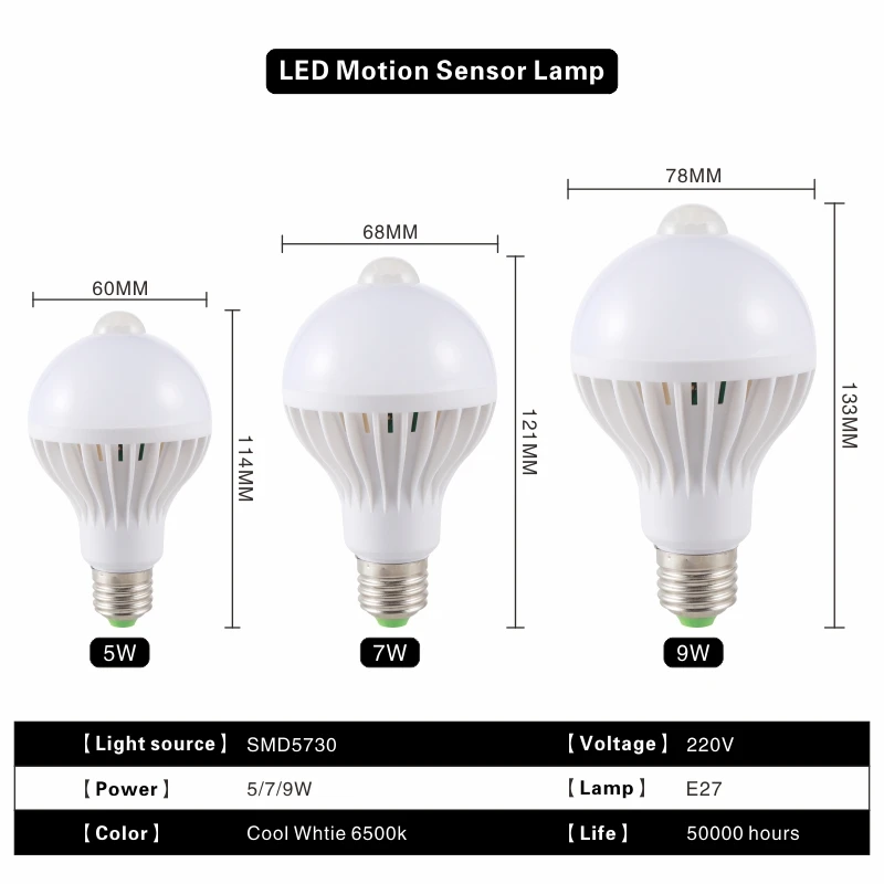 Светодиодная лампа с датчиком движения 3 Вт 5 220 светодиодный светодиодная 7 9 12