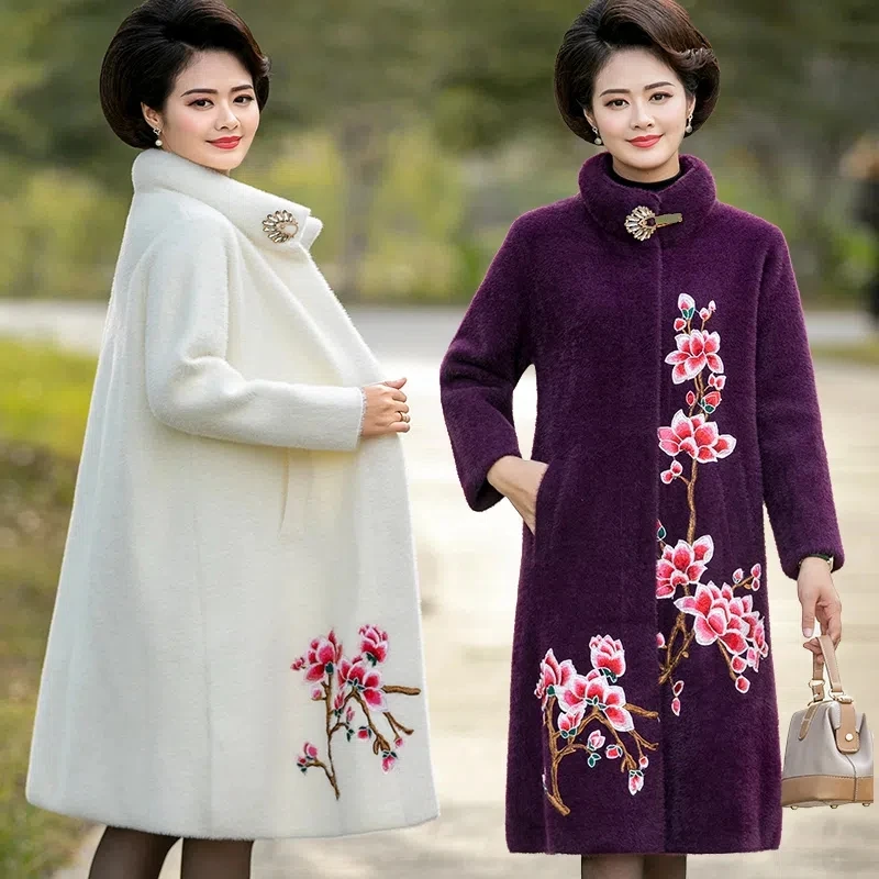 Mom Winter Women Imitation Mink Velvet Embroidered Coat Long Middle-aged Cashmere Woolen Coat Thick Top Overcoat