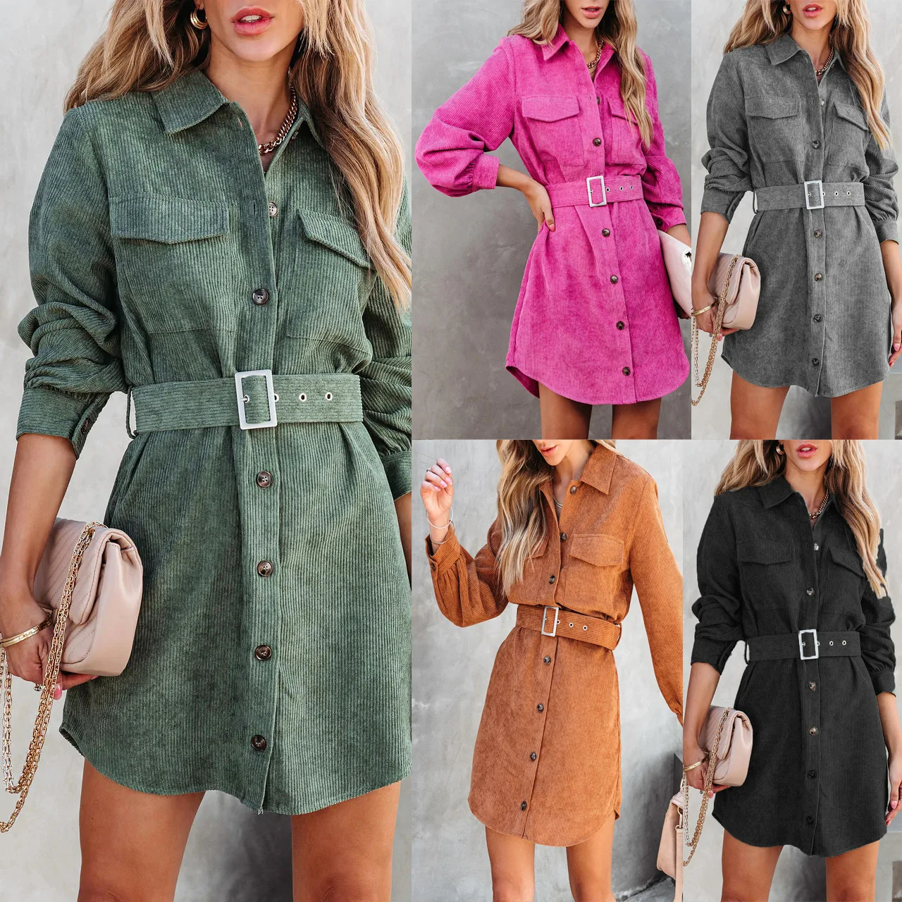 

New 2023 Women's Lace-up Pocket Corduroy Ladies Dress