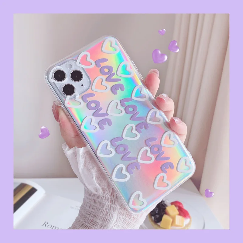

Love Heart Phone Case For Iphone 13 12 11 Pro Max Rainbow Laser Tpu Back Cover For Iphone 13 12 11 Mini X XR XS Pro Max Case