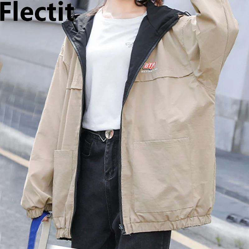 

Flectit Reversible Jackets Women Oversize Hooded Bomber Jacket Coat Streetwear Outerwear