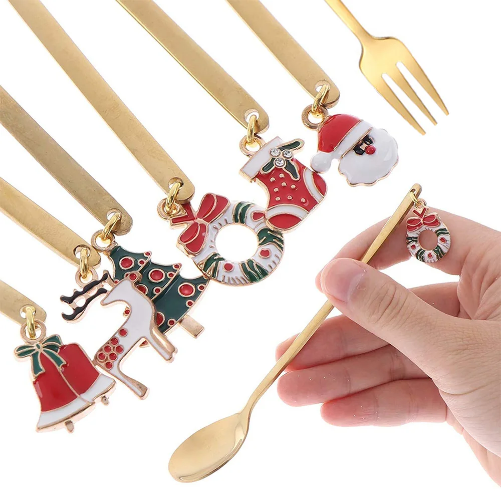 

6PCS Christmas Tableware Spoon Fork Coffee Soup Stirring Spoon Dessert Cake Ice Cream Spoon Xmas Gift Table Kitchen Decoration