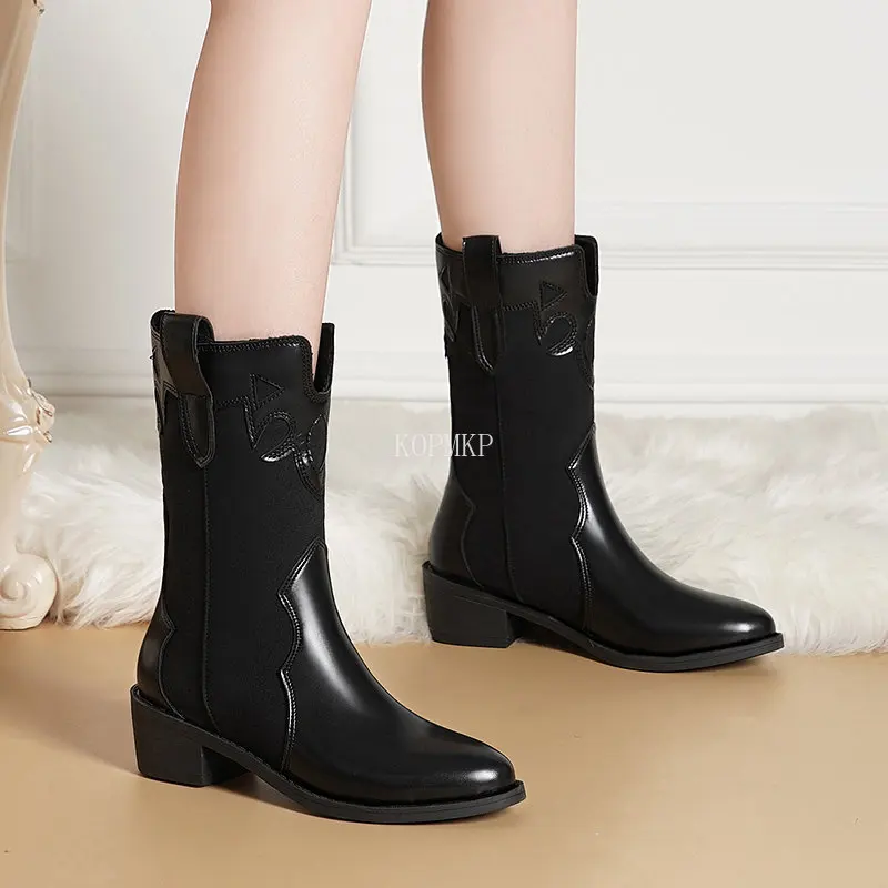 

Женские ботинки до середины икры на каблуке, однотонные Нескользящие водонепроницаемые ботинки с острым носком, осень 2022