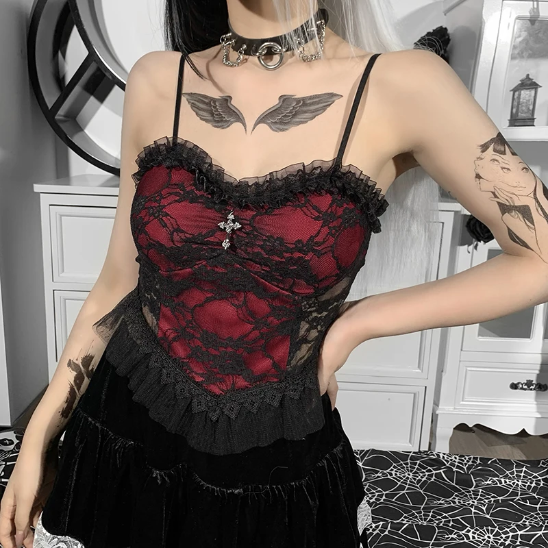 

Helisopus Gothic Sexy Lace Trim Open Back Camisole Women Y2K Aesthetic Black Red Corset Summer Party Club Cropped Top