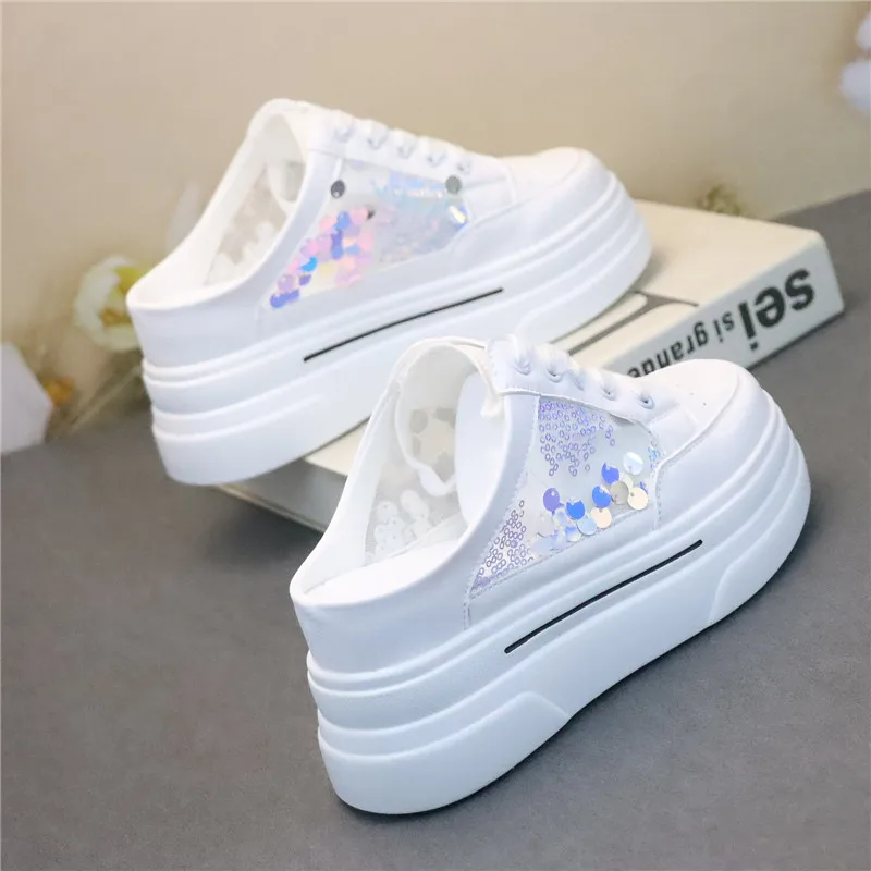 

2023 Summer Designers Women High Platform Slippers Woman 8CM Wedges Shoes Ladies Outside Leather Casual White Chunky Sneakers