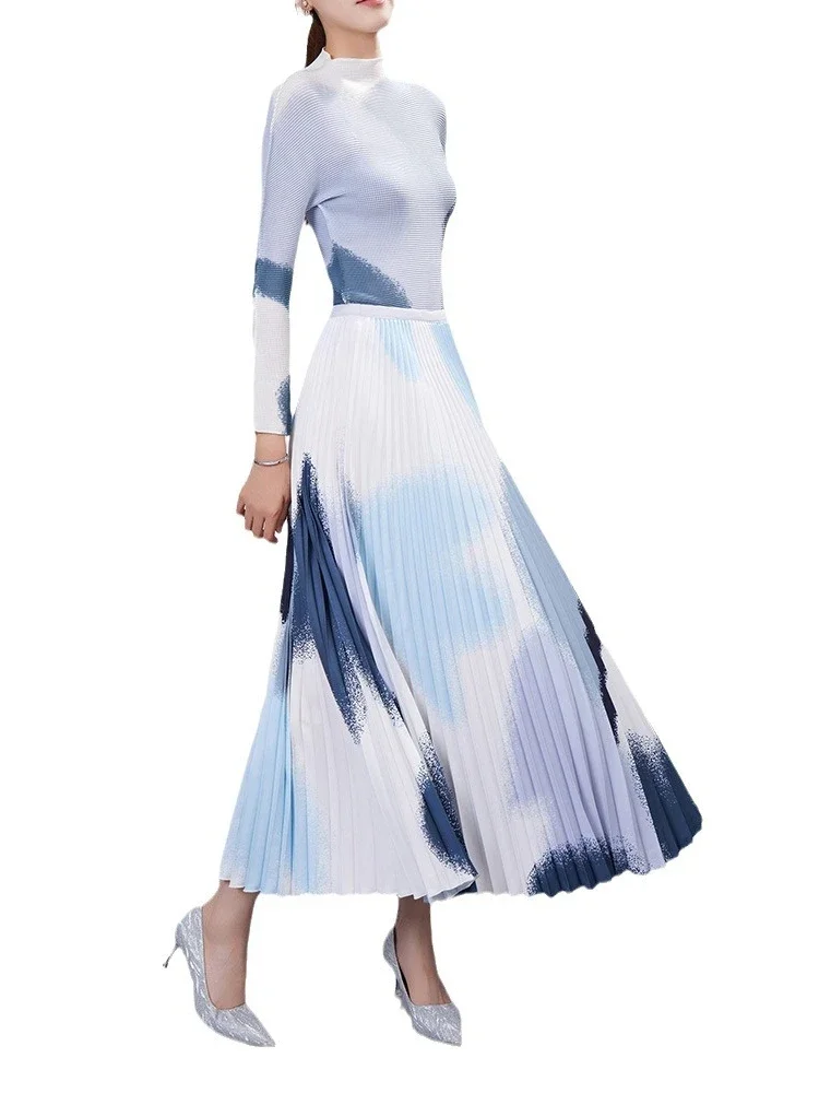 Женский плиссированный комплект EGRM осень 2024 топ с круглым вырезом и длинным