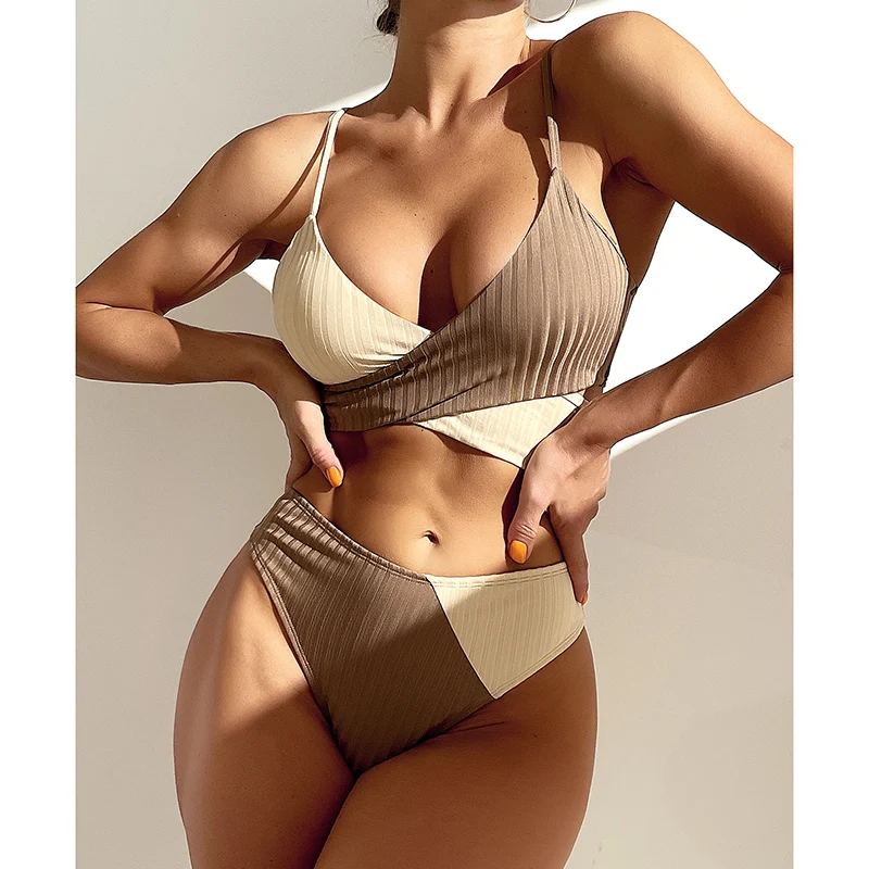 

High Waist Bikini Patchwork Swimwear 2022 New Fation Beachwear Bathing Suits Two Piece Swimsuit for Women Color Matching Sexy
