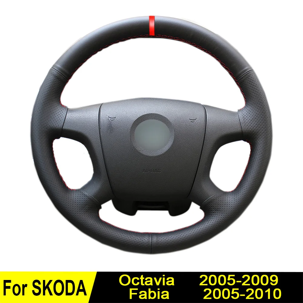 

Чехол рулевого колеса автомобиля для Skoda Fabia 2010-2005 Octavia 2009-2005 Сделай Сам прошитая вручную черная натуральная кожа четыре сезона