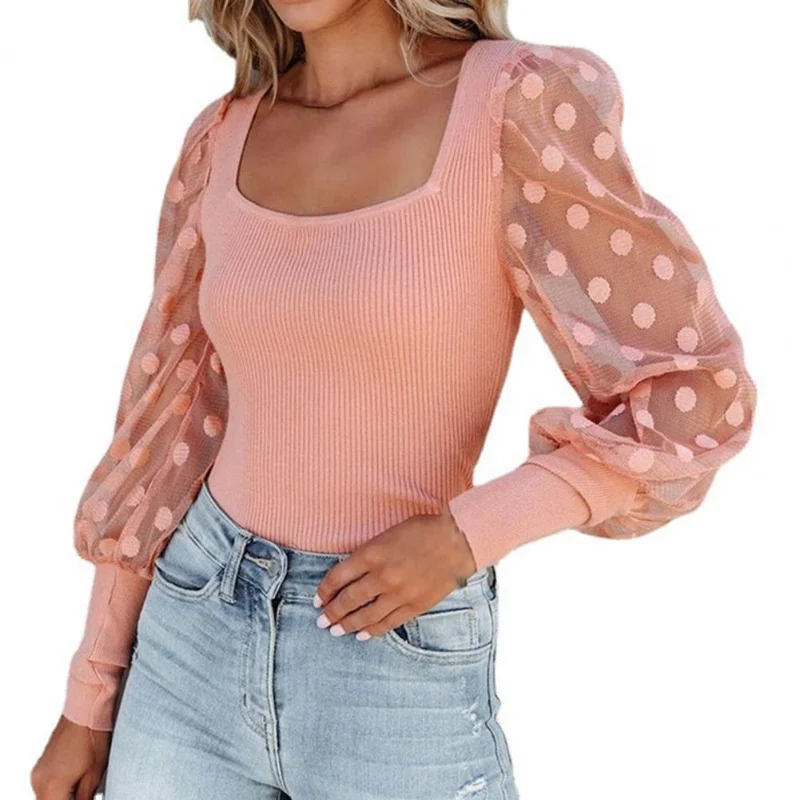 

Ribbed Stretchy Soft Texture Shirt Top Women Square Collar Dot Print Puff Sleeve Women Blouse for Spring Fall Black Xxl