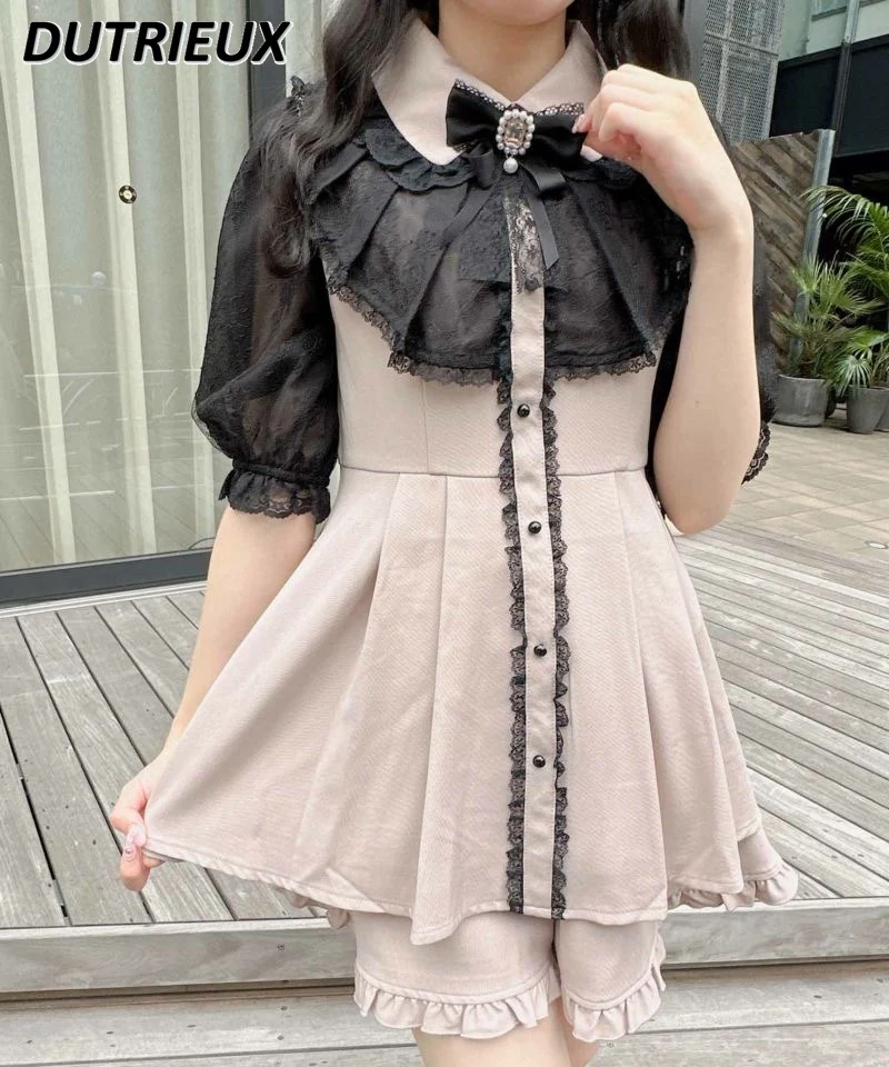 

Japanese Single LolitaWomen's Shorts Suit Summer New Sweet Ruffles Lace Waist-Tight Puff Short Sleeve Shirt Dress Sexy Dress Set