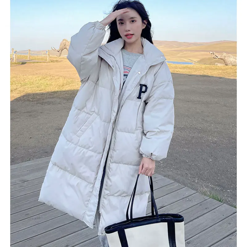 Long Winter Coat Women Fall 2022 Stand Collar Oversized Korean Fashion Letter Jackets Loose Streetwear Thicken Warm Parkas Chic