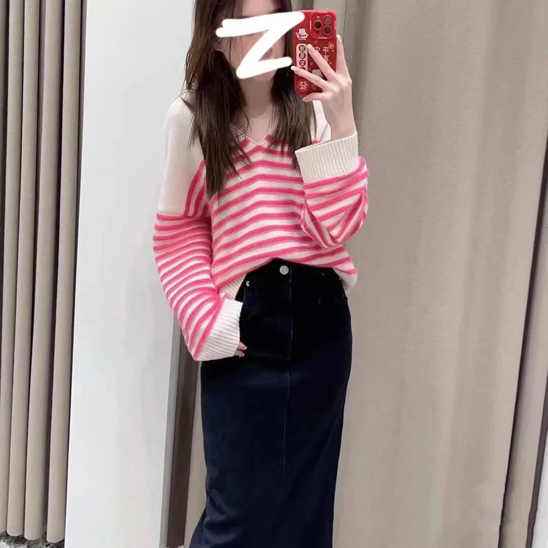 

Spring and Summer French Gentle Style Top Lapel Stripe Loose Lazy Sweater
