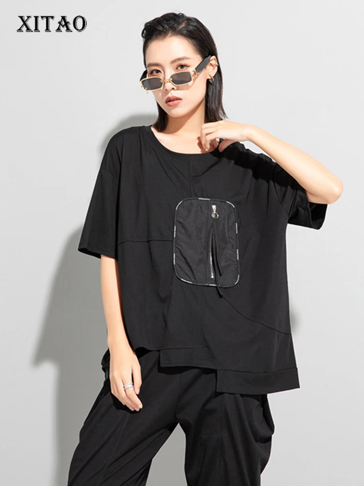 

Женские Асимметричные футболки XITAO, однотонный пуловер с круглым вырезом и коротким рукавом, лето 2023, новинка SMH1933