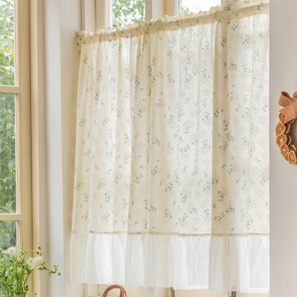 

Короткие шторы из французского шифона с рюшами, полузанавеска с цветочным принтом для пирсинга, кухни, кафе, гостиной, занавеска для эркера, шкафа