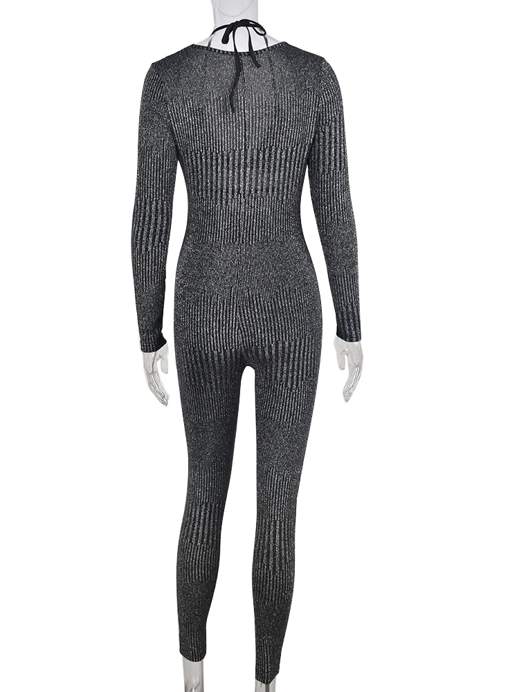 See Through Bodycon One Piece Set Women Mesh Party Fashion Street Sexy Low Cut Long Sleeve Glitter Rompers 2023 Summer Jumpsuits