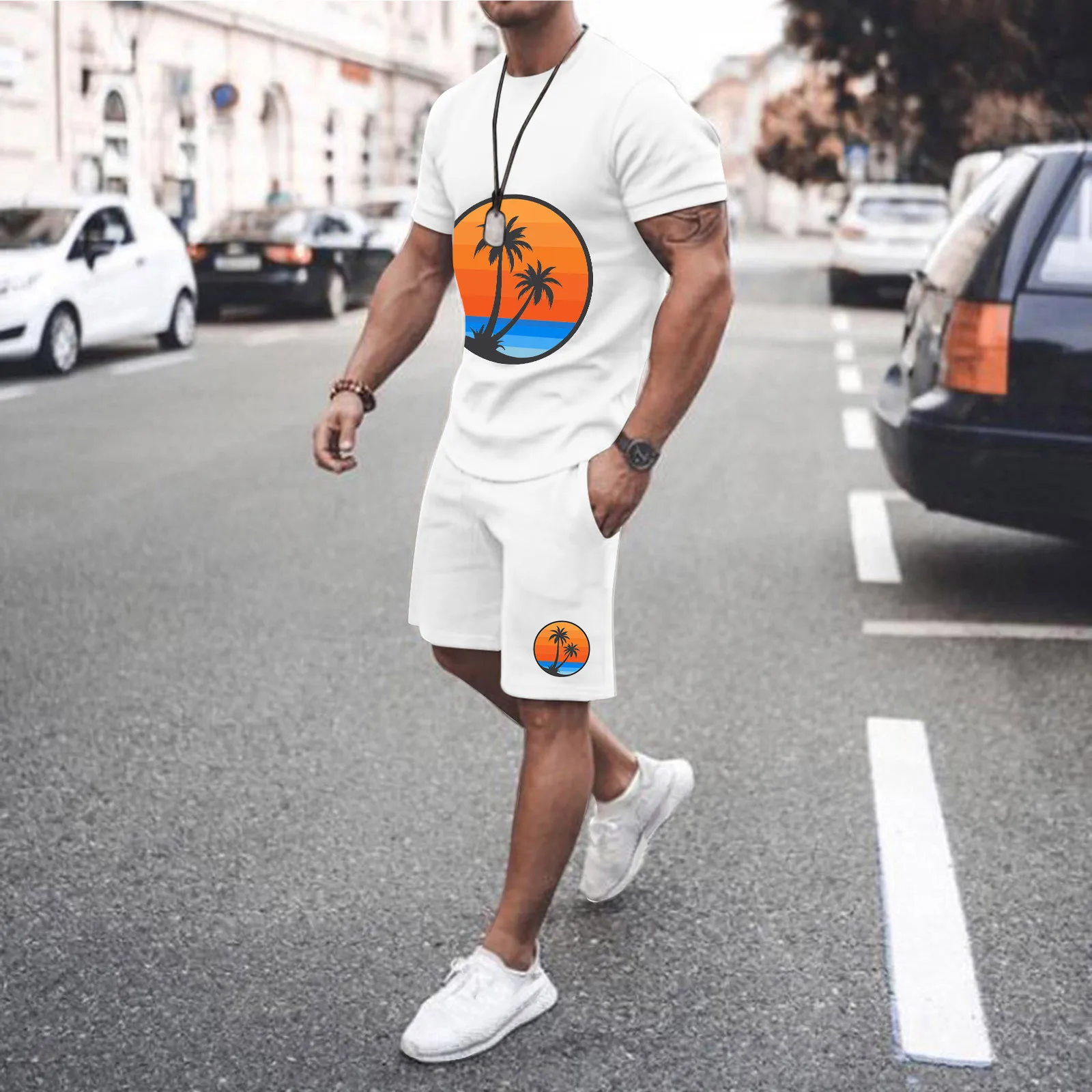 Male Hawaiian 2 Piece Set Coconut Tree Print Tops Quick Dry Shorts Men Sets Streetwear Ensemble Homme Dailywear Conjuntos