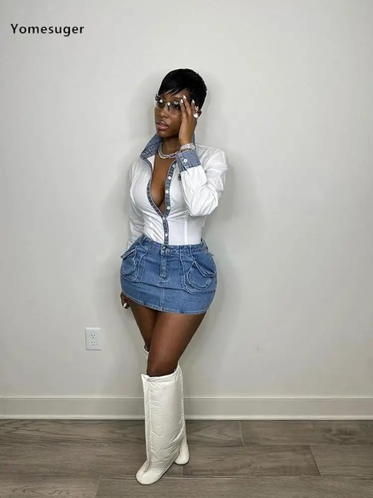 

Женский джинсовый костюм Yomesuger, костюм в стиле пэчворк с длинным рукавом и мини-юбка, осень 2023