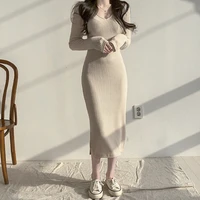 2022 autumn french hepburn slim v neck knitted hip cotton solid color long sleeved skirt sexy temperament small slit dress women