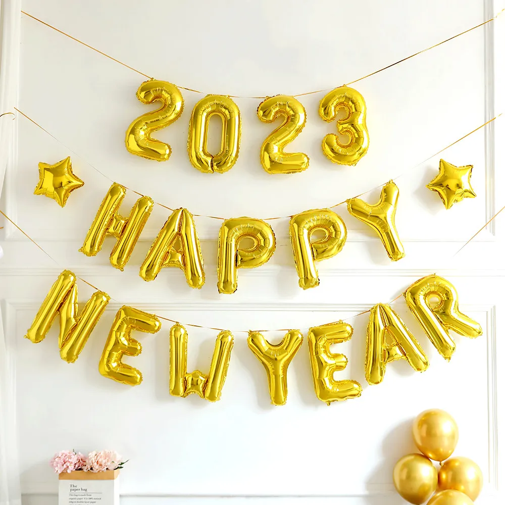 

16inch Gold and Silver Rose Gold 2023 New Year Greetings Foil Balloon Hello Alphanumeric Balloon Decoration Christmas Decoration