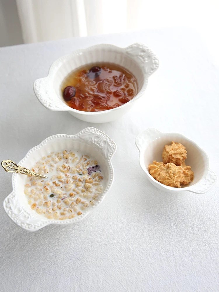 

3Pcs French Rococo Embossed Porcelain Double Handle Bowls Dessert Salad Soup Bowl Porringer For Home Kitchen Supplies
