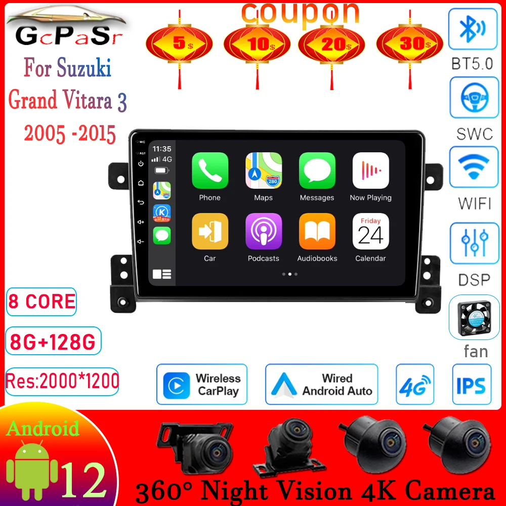 

Автомагнитола Carplay Android 12, мультимедийный видеоплеер для Suzuki Grand Vitara 3 2005 -2015, GPS-навигация no 2 din DSP IPS