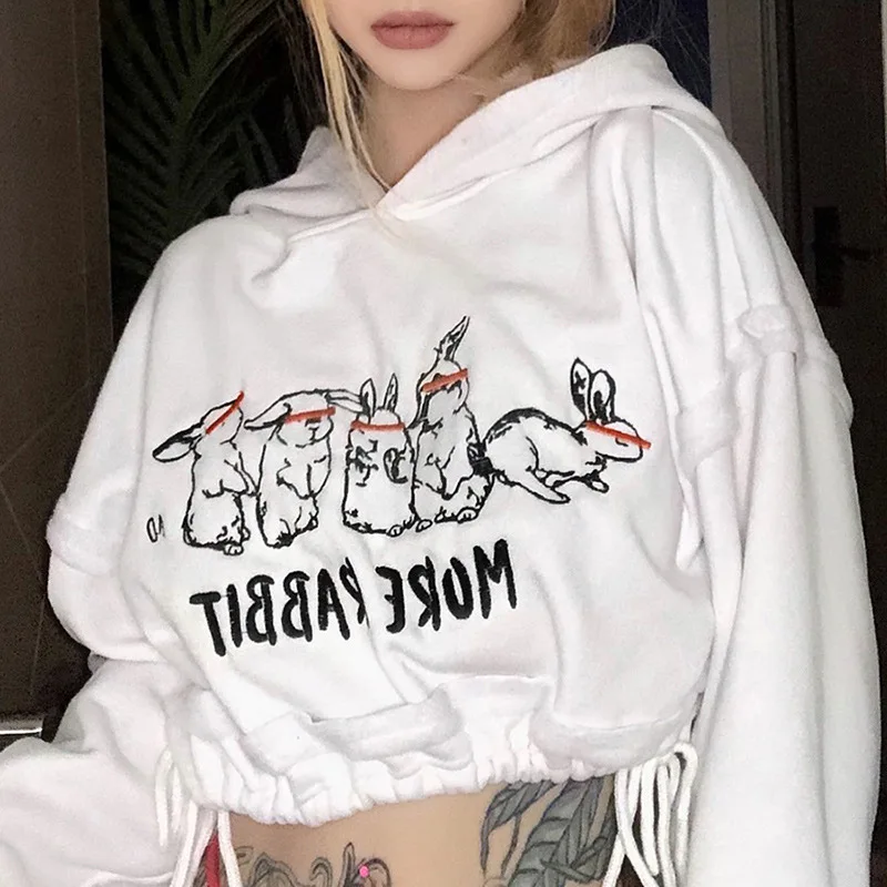 

Women 2022 Cropped Hooded Hoodies Lovely Rabbits Print Embroidery Thick Fleece Waist Drawstring Sweatshirt Harajuku Pullovers