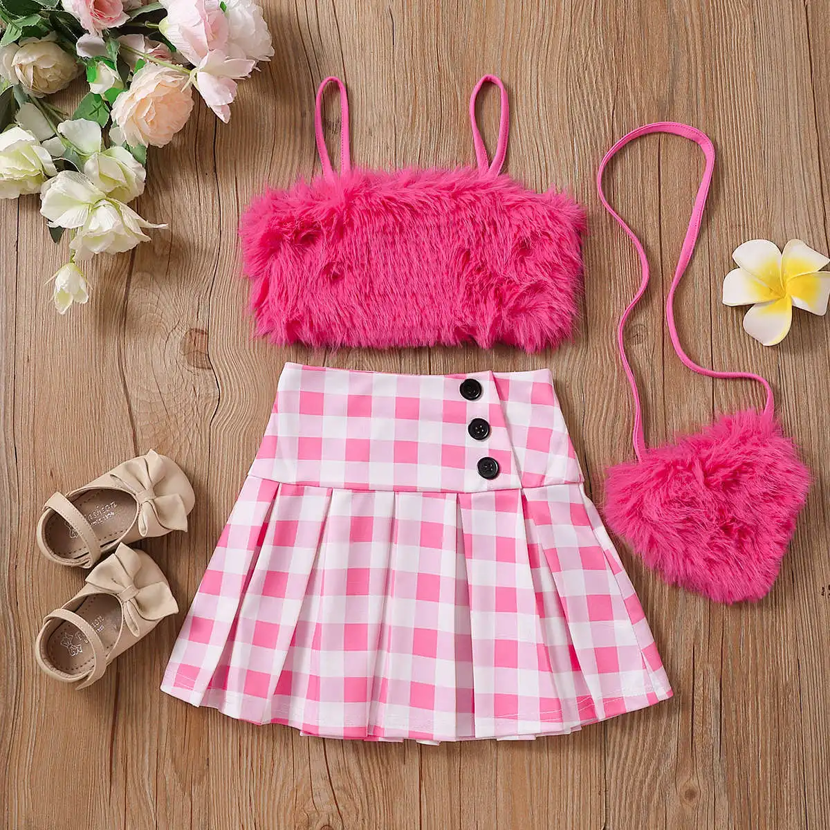 

Children's summer fur suspender with plaid printed twisted button pleated skirt with bag and spicy girl set