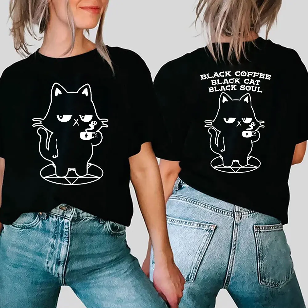 

2024 Women Clothing Black Coffee Black Cat Black Soul Tee Funny Double Sided Print T-shirts Casual Short Sleeve Y2k Graphic Tops