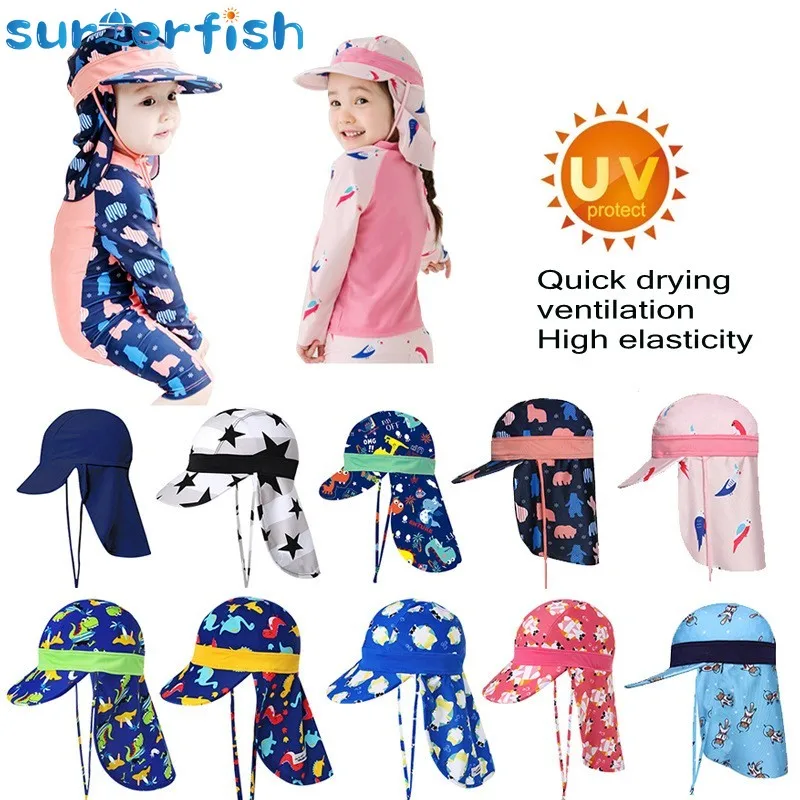 

Kids Children Summer UPF 50+ UV Protection Outdoor Beach Sun Hat Boy Girl Swim Cover Flap Cap Adjustable Dinosaur Cap Swimwear
