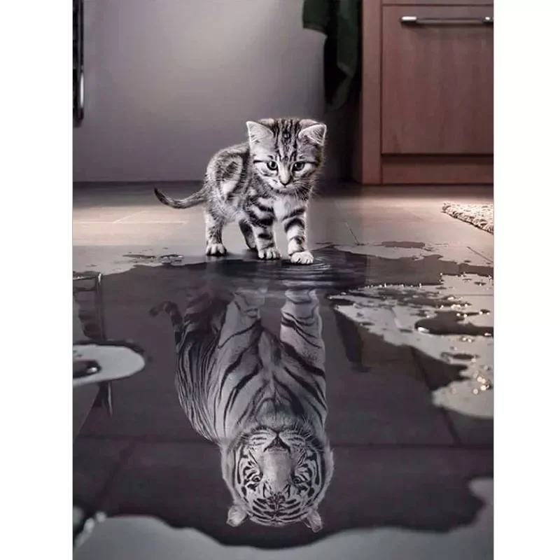 

5D Diamond Painting Cat Reflection Tiger Cross Stitch Full Diamond Embroidery Animal Mosaic Picture of Rhinestones Decor Gift