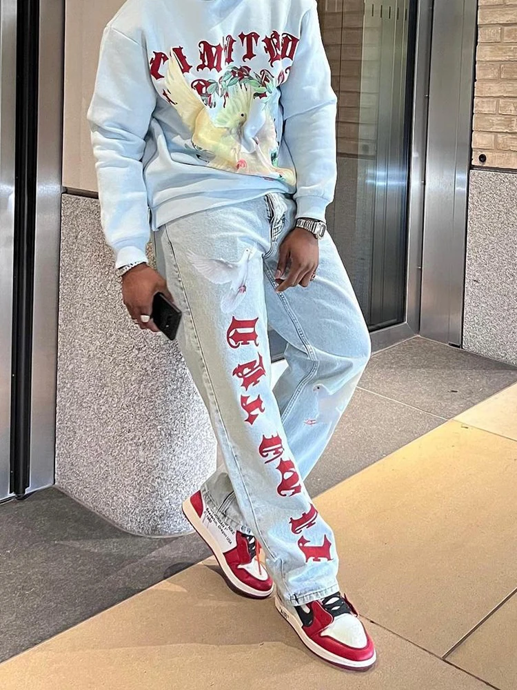 Printed Baggy Jeans For Men Vintage Light Blue Loose Fit Vaqueros Y2K Hombre Fashion Casual Distressed Wash Straight Denim Pants