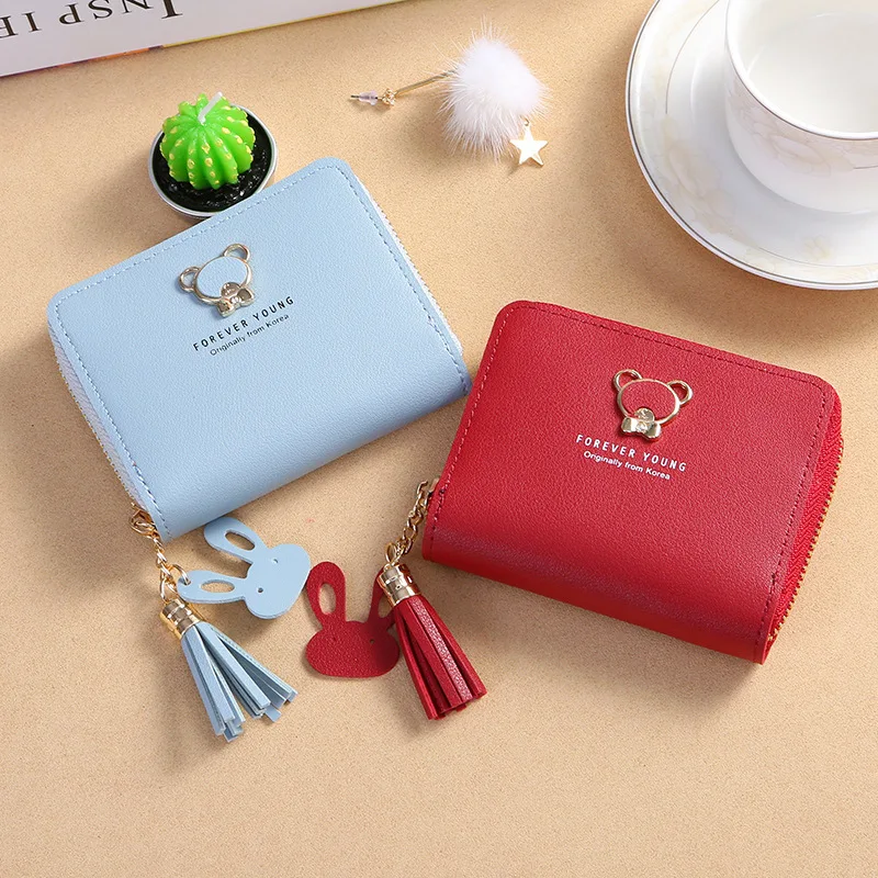 Кошелек-бумажник для женщин с монетницей 2021 короткий, милый медведь с молнией, мини-держатель для карт, кисточка, маленький женский.