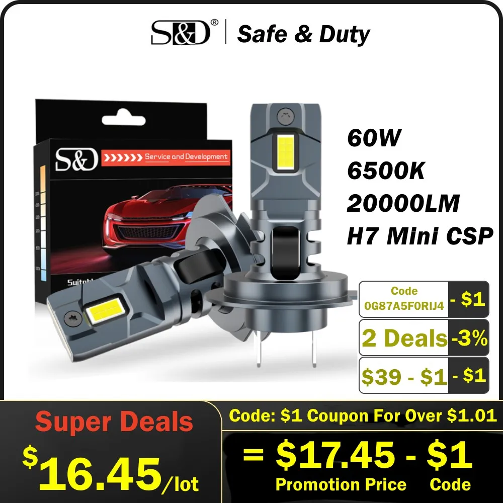

S&D 2Pcs H7 LED Headlight Bulb Mini Wireless 60W 20000LM 6500K CSP Lamps for Car Headlamp with Fan H7 Turbo Led 12V Super Bright