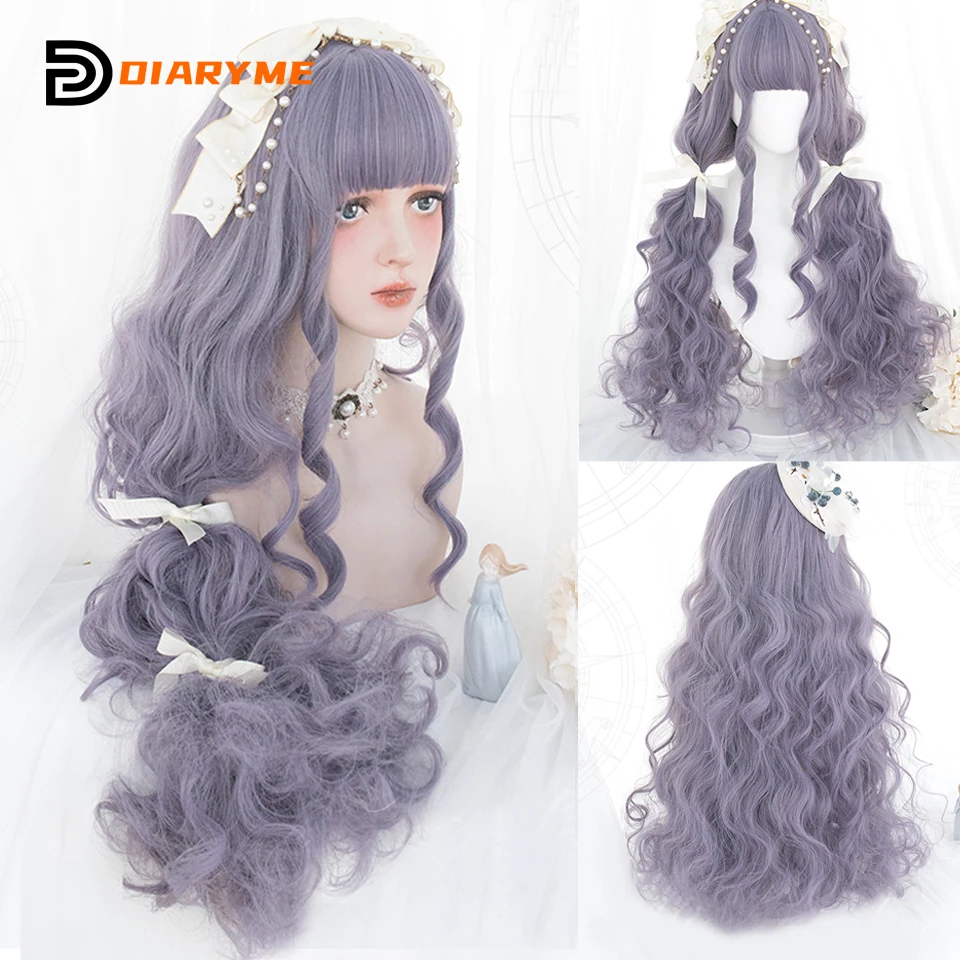 

Synthesis Lolita Wigs Long Curly Pink Purple Fringe Bangs Beauty Girl Cosplay Wig Wavy Harajuku Halloween Party Women Girls Hair