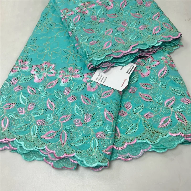 

5 Yard High Quality Dry Lace Fabric 2023 Latest Heavy Beaded Embroidery African 100% Cotton Swiss Voile Popular Dubai Style 4L77