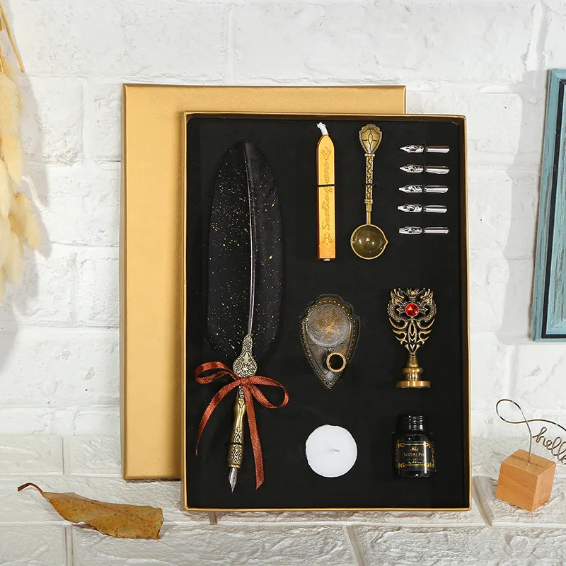 

Vintage Feather Quill Pen Set with Ink Pot and Writing Paper, Great for Artistic Writing and Decoration
