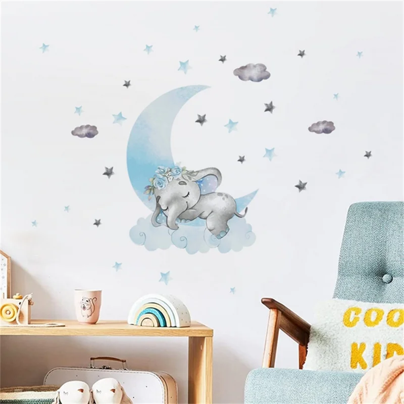 

Self-Adhesive Cartoon Little Elephant On The Cloud Balloon Wall Sticker For Kid Room Background Room Decoration