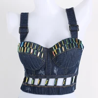 2022 summer new style stitching with steel ring fishbone fashion trend with holes denim womens bra vest cropped top halter top