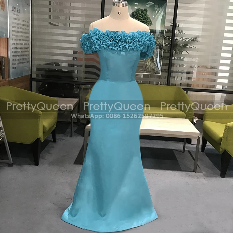 

Cascading Ruffles Boat Neck Prom Dresses Long Puffy Mermaid Sky Blue Satin Actual Picture Trumpet Formal Evening Dress Party