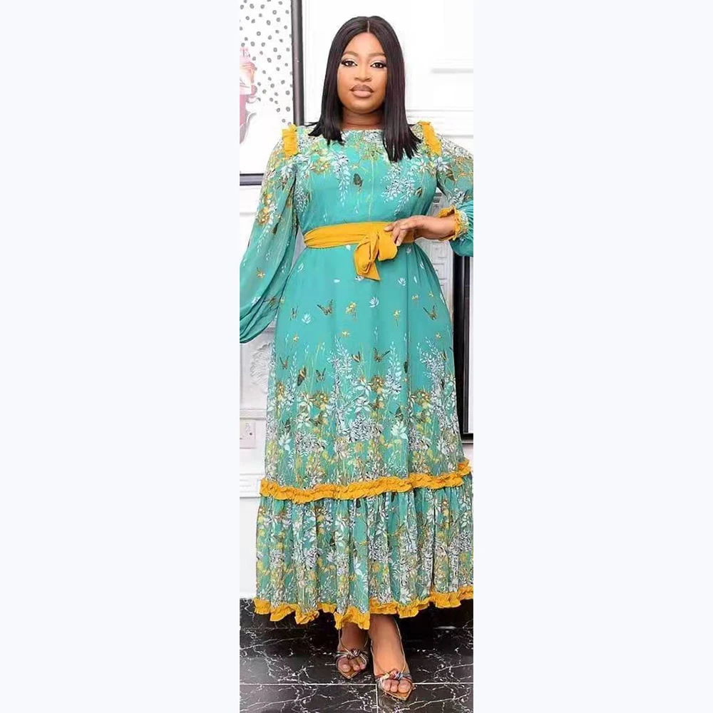 Женское платье с круглым вырезом длинным рукавом и цветочным принтом |