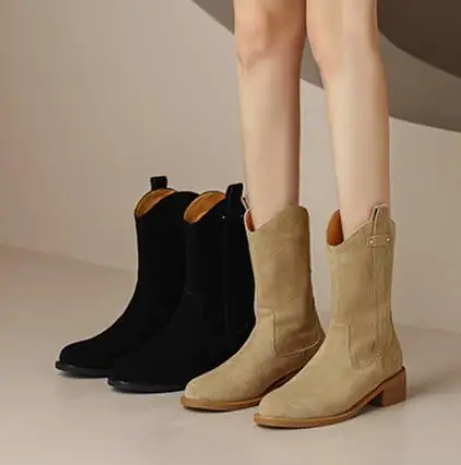 

Women Martin Boots 2022 Spring Autumn Retro Style Short Barrel Western Cowboy Boots Ladies Flat Thick Heel Back Zip Sports Shoes