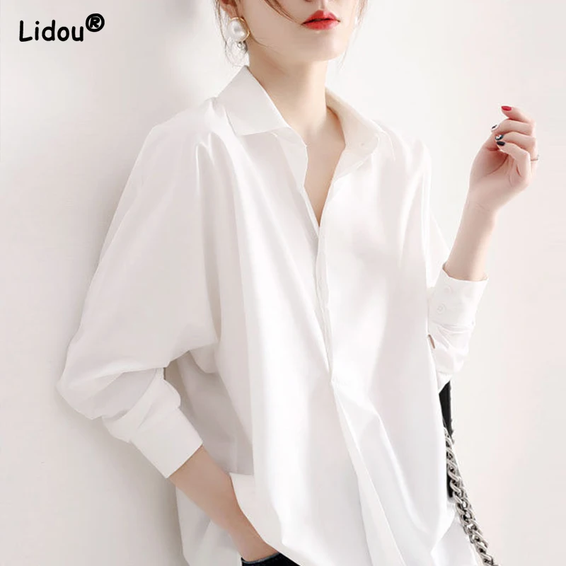 

Turn-down Collar Solid Color Elegant Casual Shirts Button Straight Oversize Chiffon Thin Clothing Spring Autumn Women Tops 2022